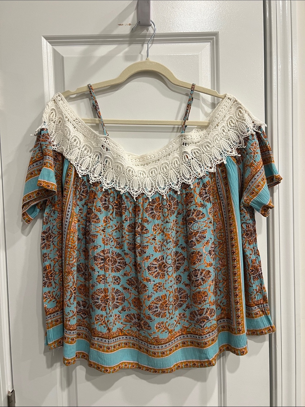 Cori Boho Lace-Trim Off-Shoulder Top in Teal and Brown